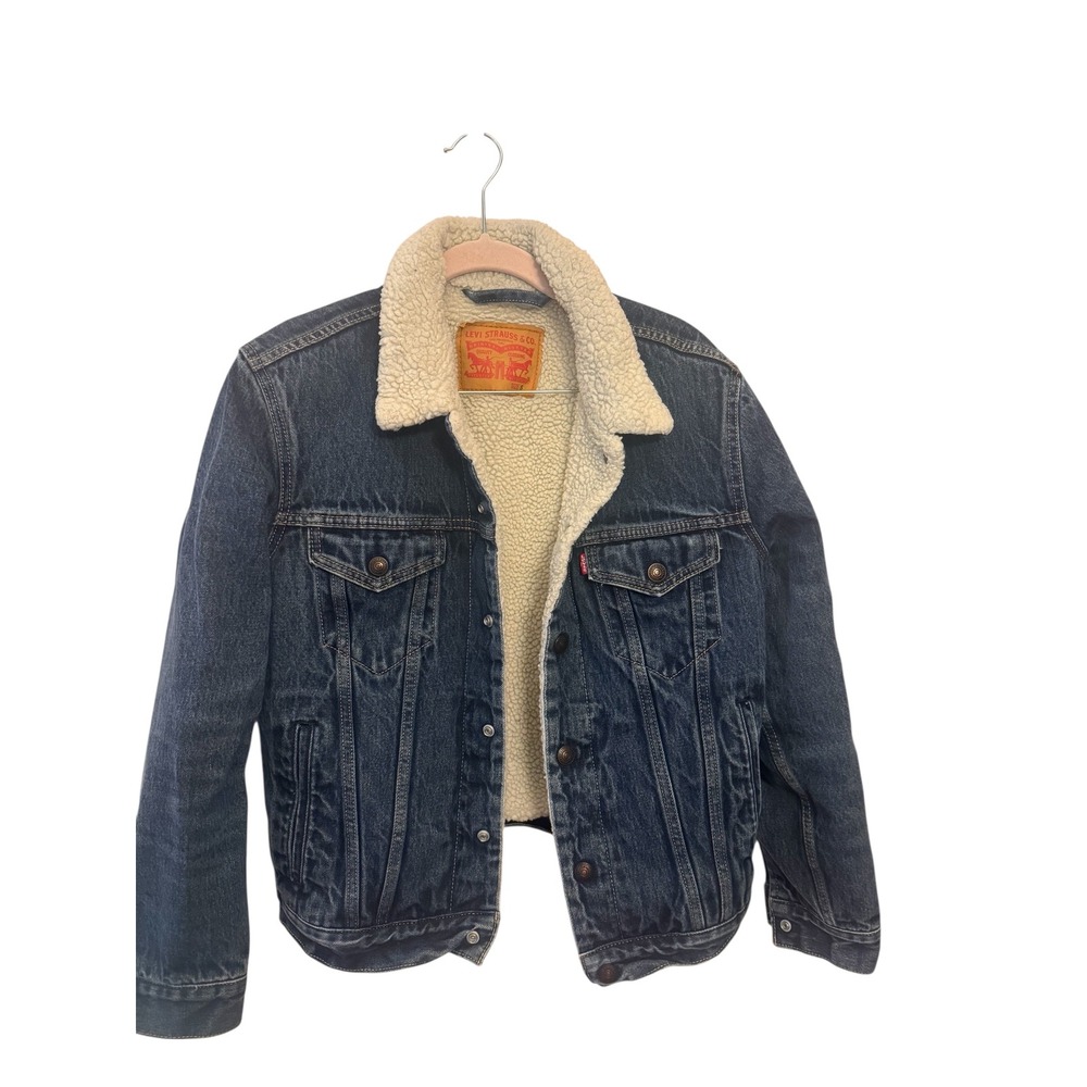 Levis Sherpa Lined Denim‎ Trucker Jacket Dark Wash Blue Mens Size S Small